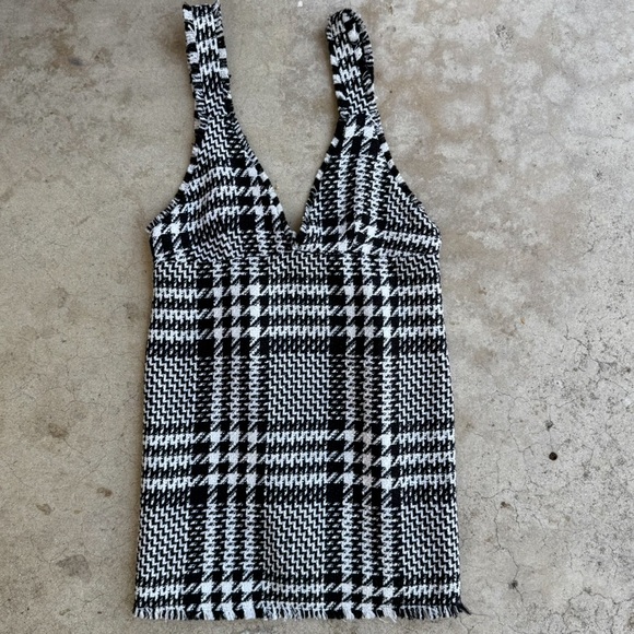 ZARA Houndstooth Black White Fringe V Neck Pinafore Jumper Mini Dress medium - Picture 5 of 6